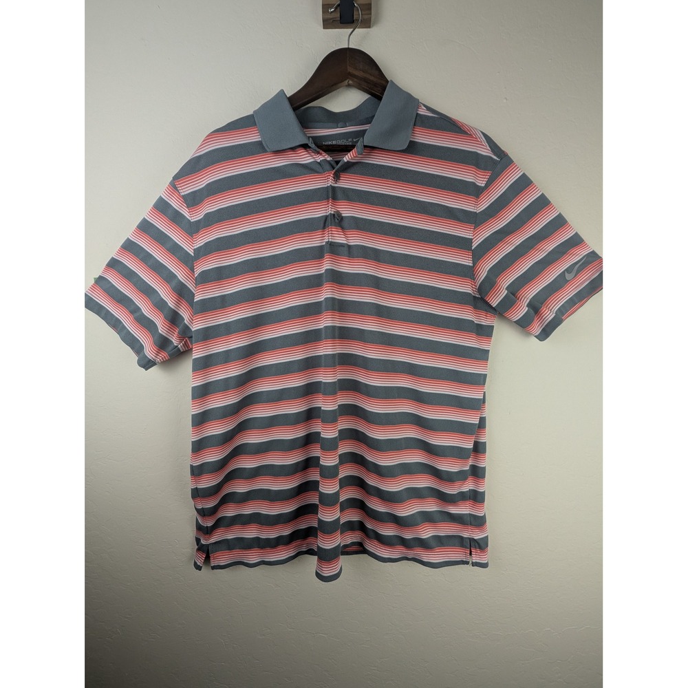 Nike Golf Dri-FIT Polo Shirt Mens Large L Grey Orange Striped Short Sleeve Logo